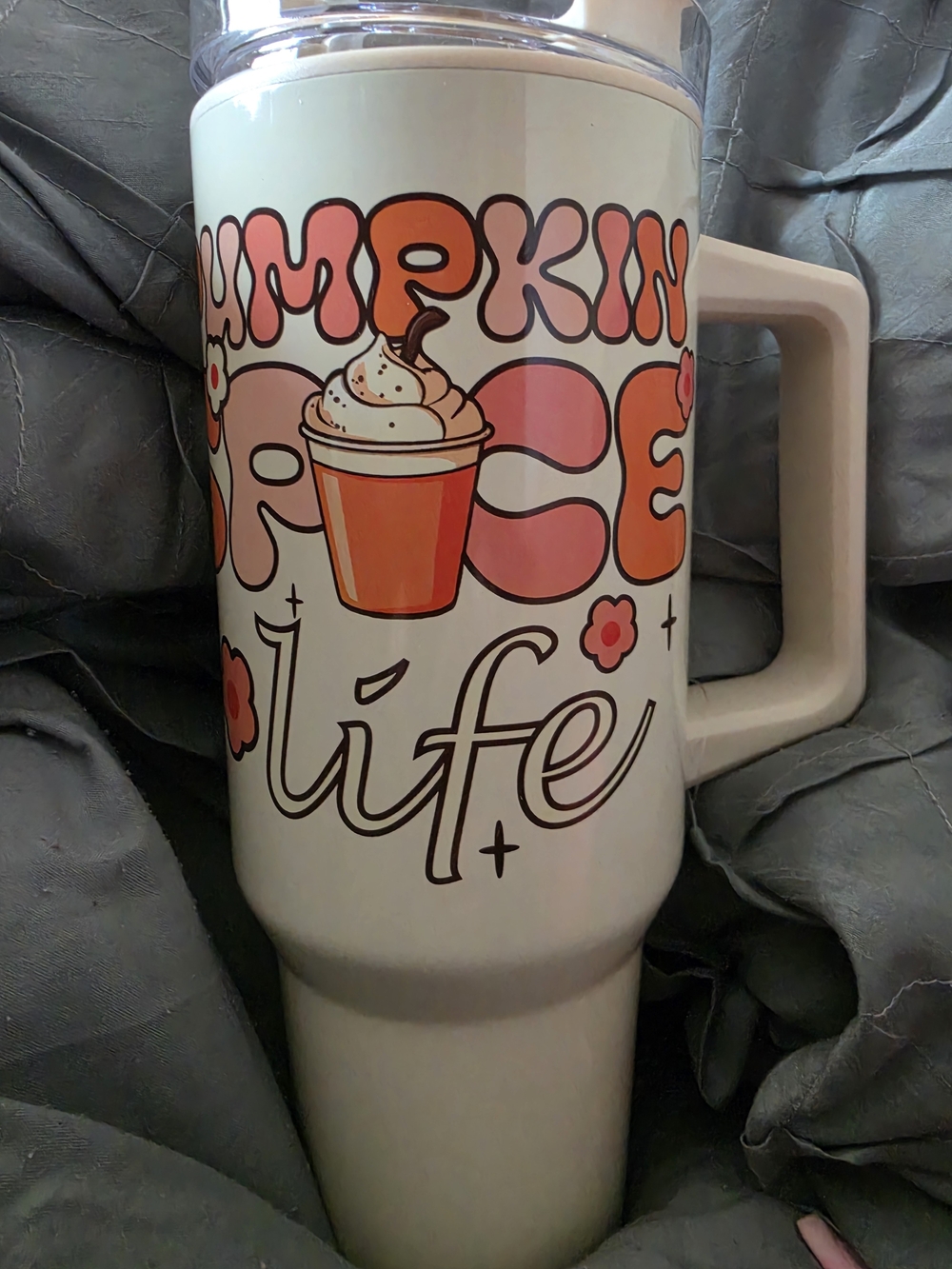 Pumpkin Spice Life White Travel Mug with Pink & Orange Artwork